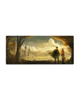28x12 inches anime mouse pad with golden sky, distant cathedral silhouette, trees, and subtle Japanese text.