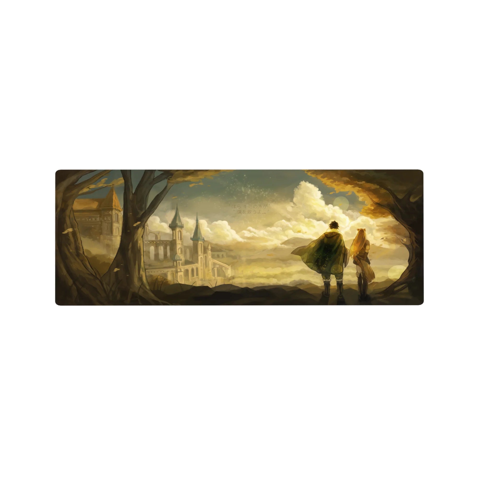 32x12 inches anime mouse pad with golden clouds, distant cathedral silhouette, trees, and subtle Japanese text.