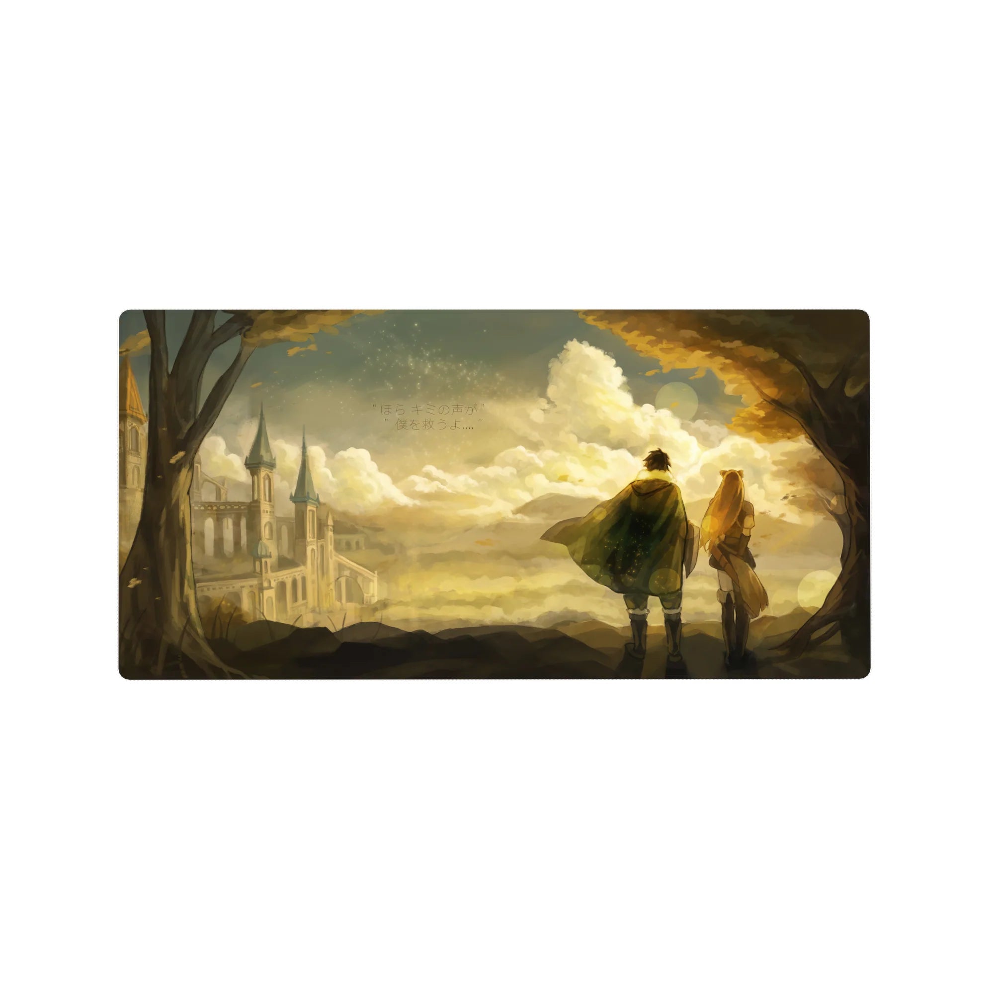 32x16 inches anime mouse pad with golden cloudscape, distant cathedral silhouette, and subtle Japanese text.
