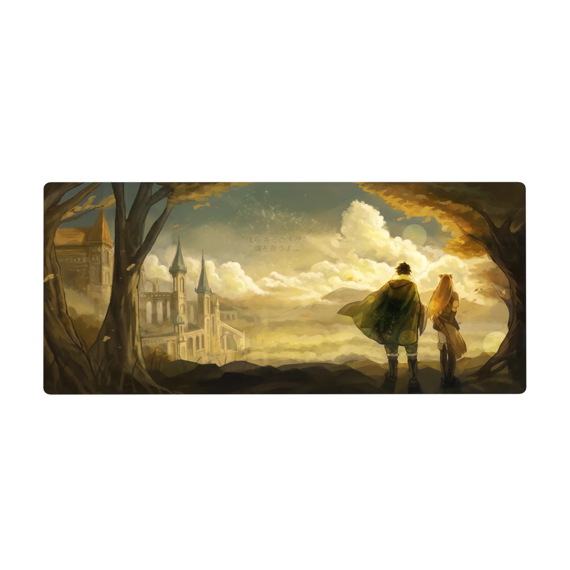 Anime desk pad 36x16 inches with golden sky, cathedral silhouette, travelers, and subtle Japanese text.