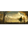 Anime desk pad 36x16 inches with golden sky, cathedral silhouette, travelers, and subtle Japanese text.