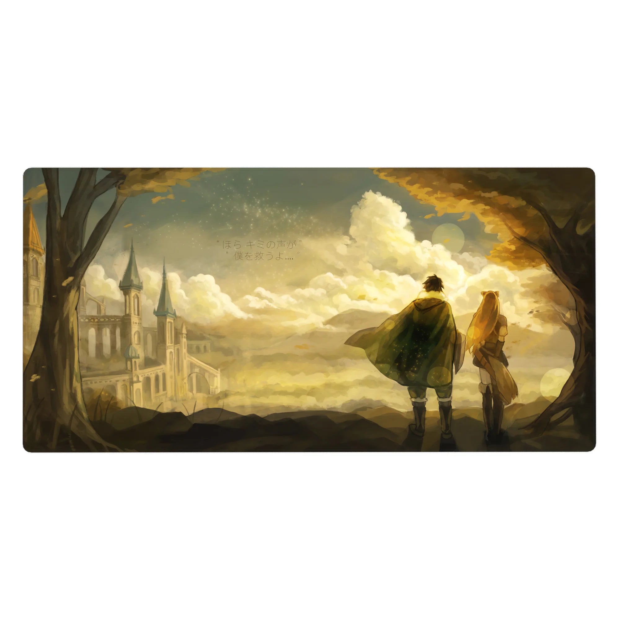 40x20 inches anime desk pad with golden cloud sky, cathedral silhouette, and subtle Japanese text.