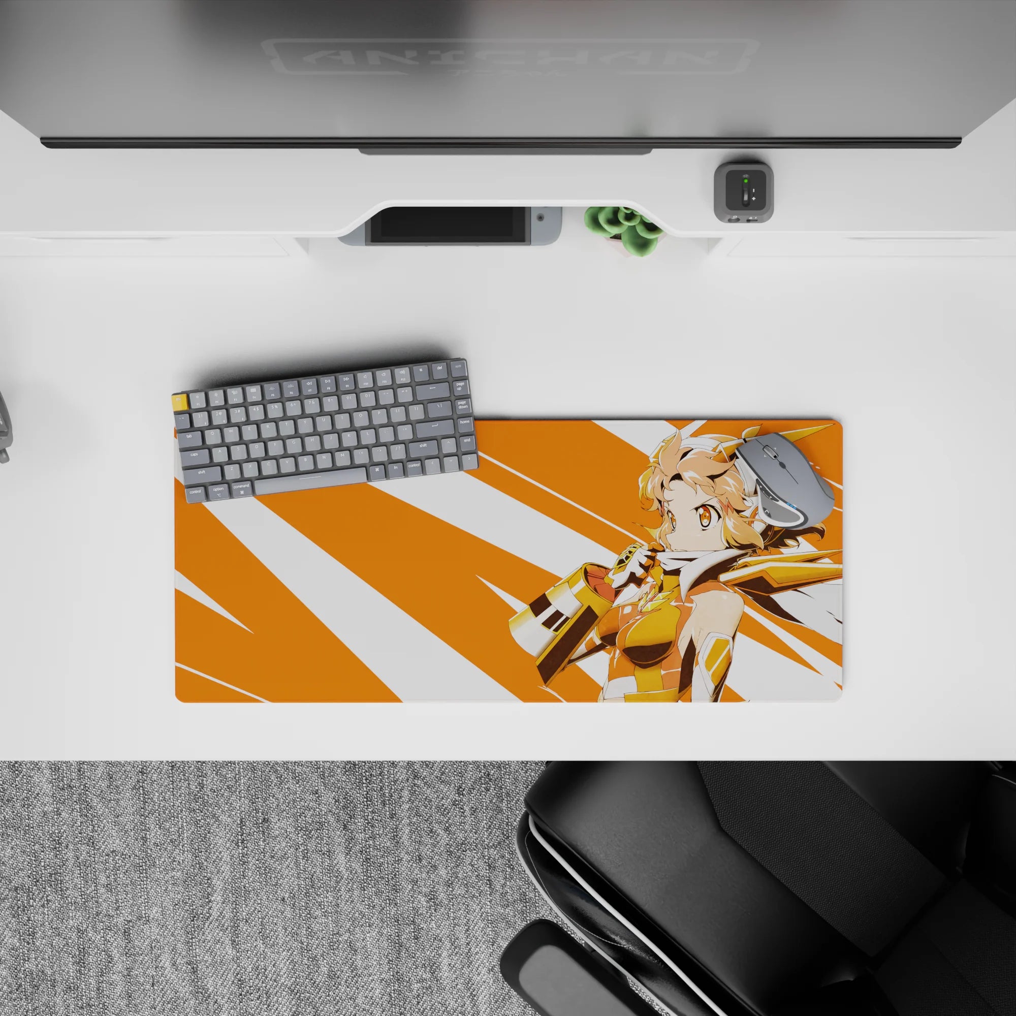 Sunny hero energy anime girl mouse pad 28x12 inches in warm orange, white, gold, and peach tones.