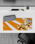 Sunny hero energy anime girl mouse pad 28x12 inches in warm orange, white, gold, and peach tones.