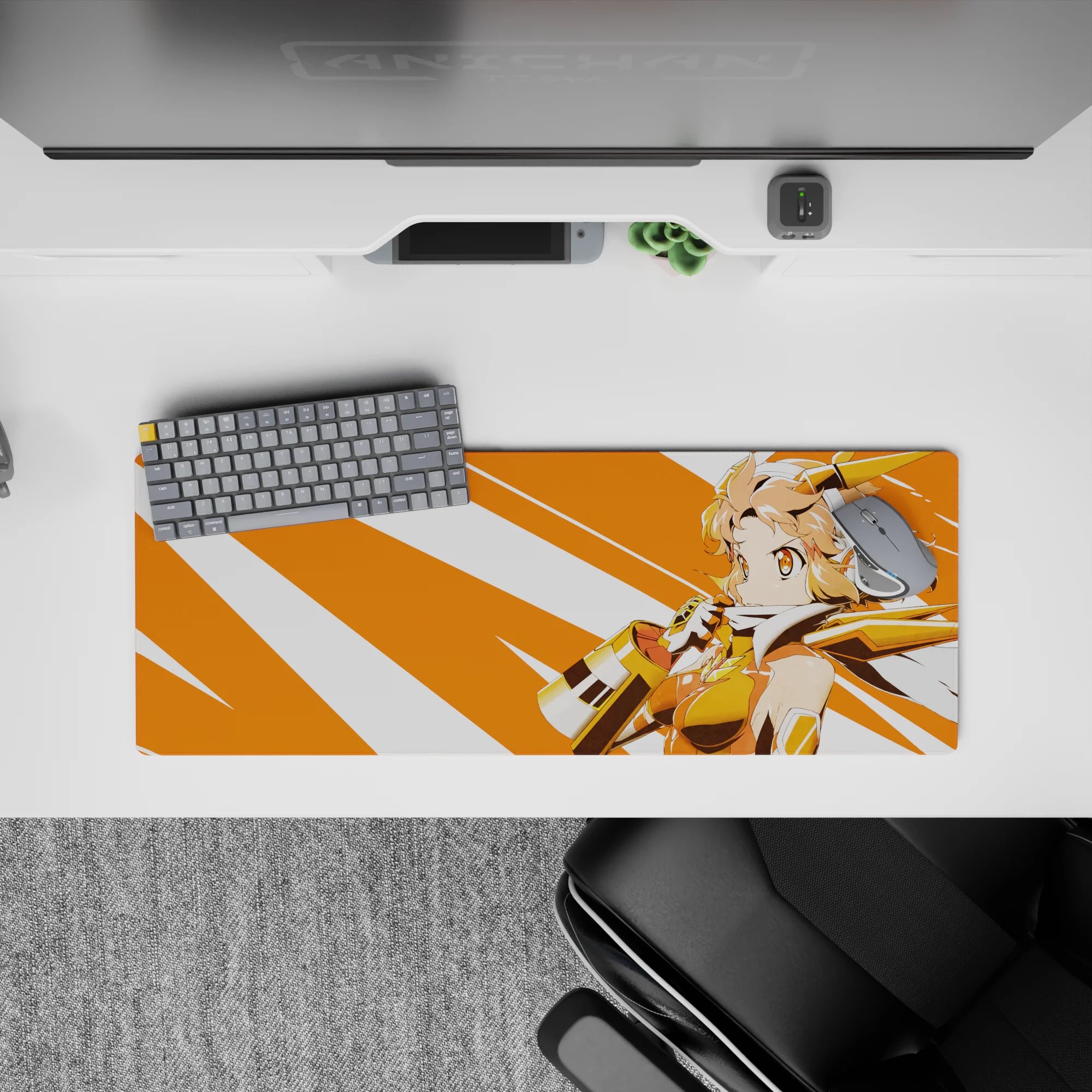 32x12 inches anime desk mat in warm sunny tones, peach hair, bright orange rays, heroic vibe.