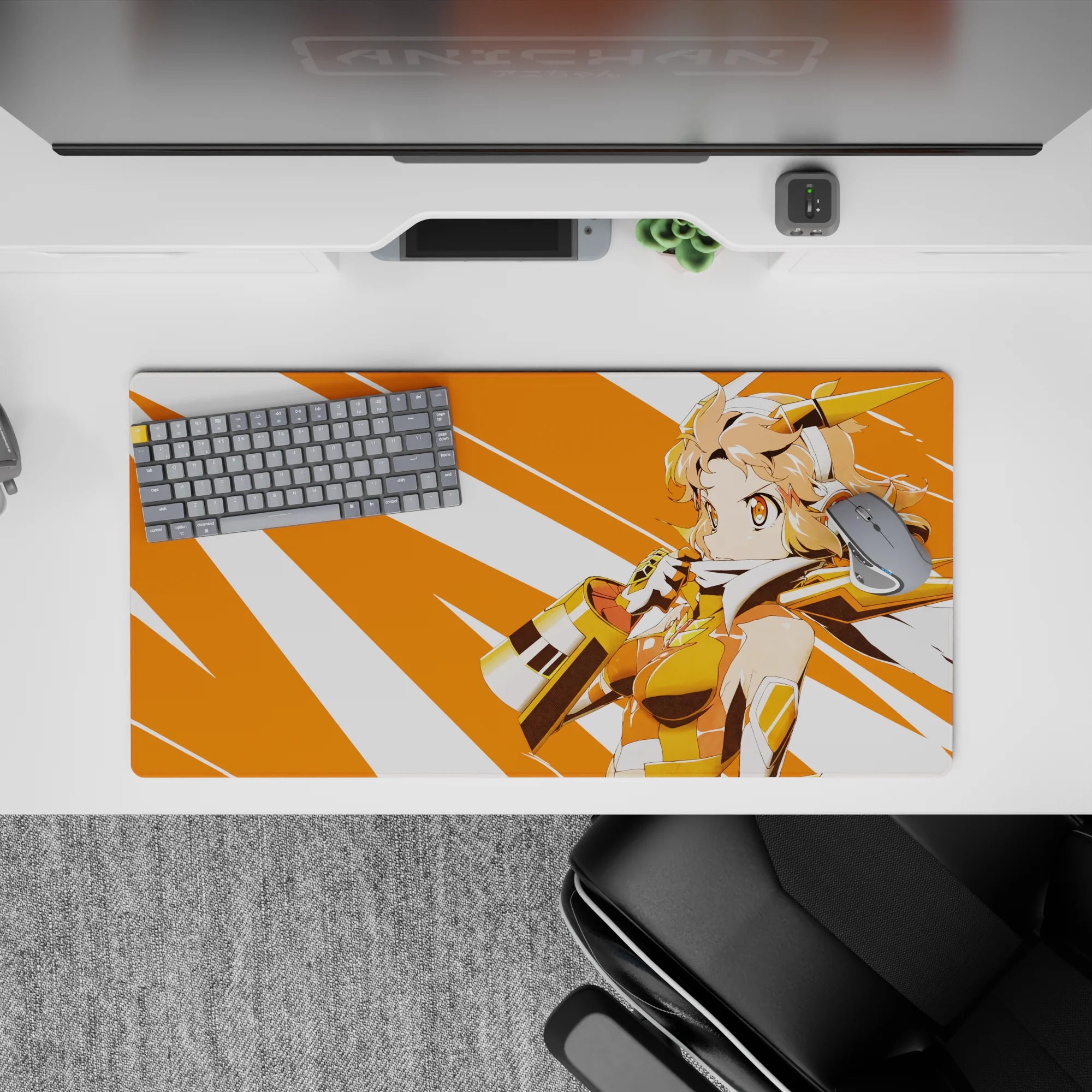 32x16 inches anime desk mat in warm sunny tones, peach hair, bold orange stripes, heroic vibe.