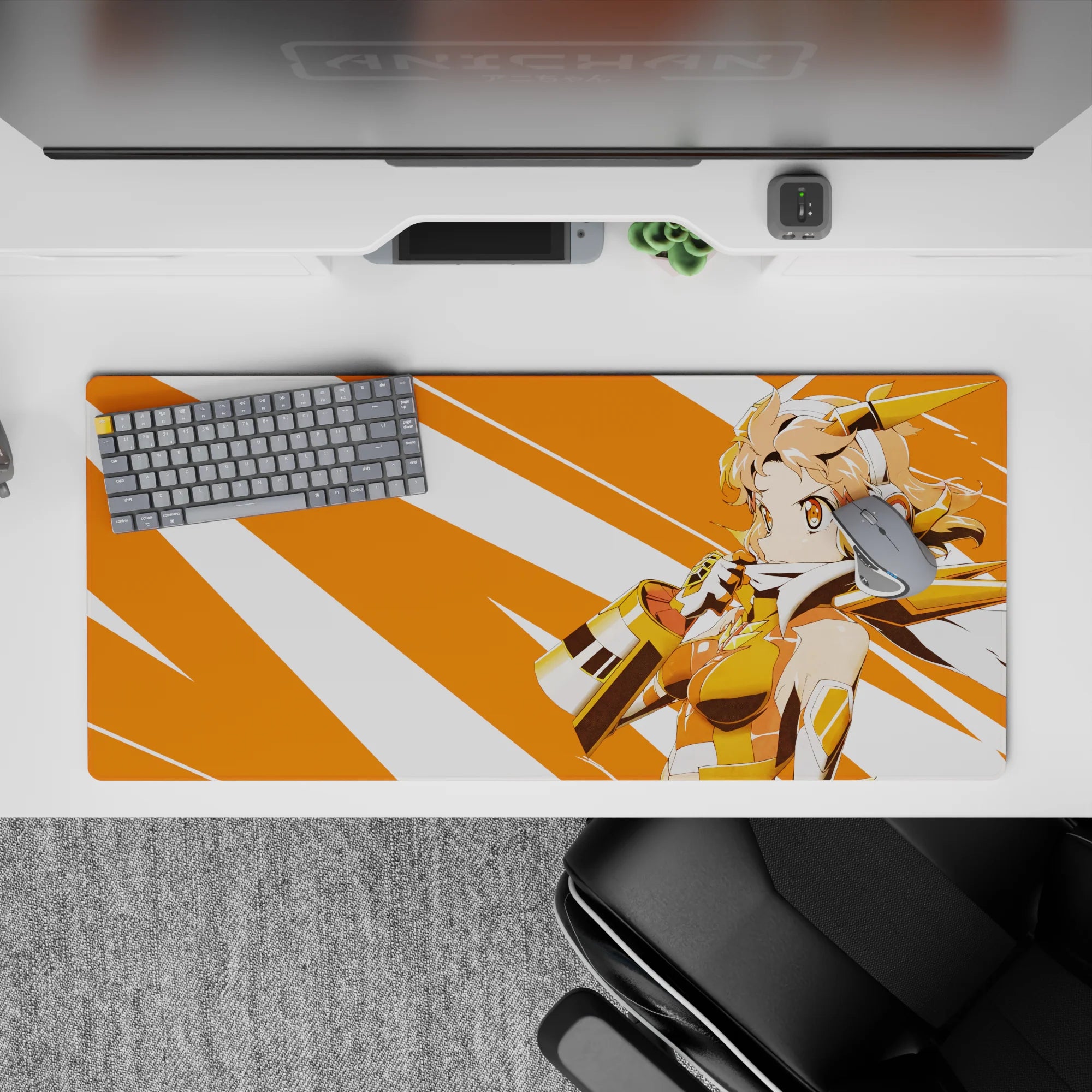 36x16 inches anime girl mouse pad in sunny warm tones, bright orange rays, soft peach hair, heroic vibe.