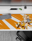 36x16 inches anime girl mouse pad in sunny warm tones, bright orange rays, soft peach hair, heroic vibe.