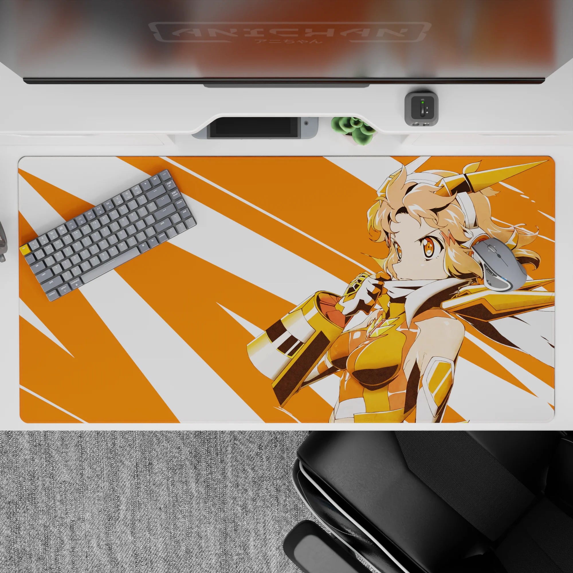 Sunny hero anime desk pad 40x20 inches in warm orange, white, gold, and peach tones.