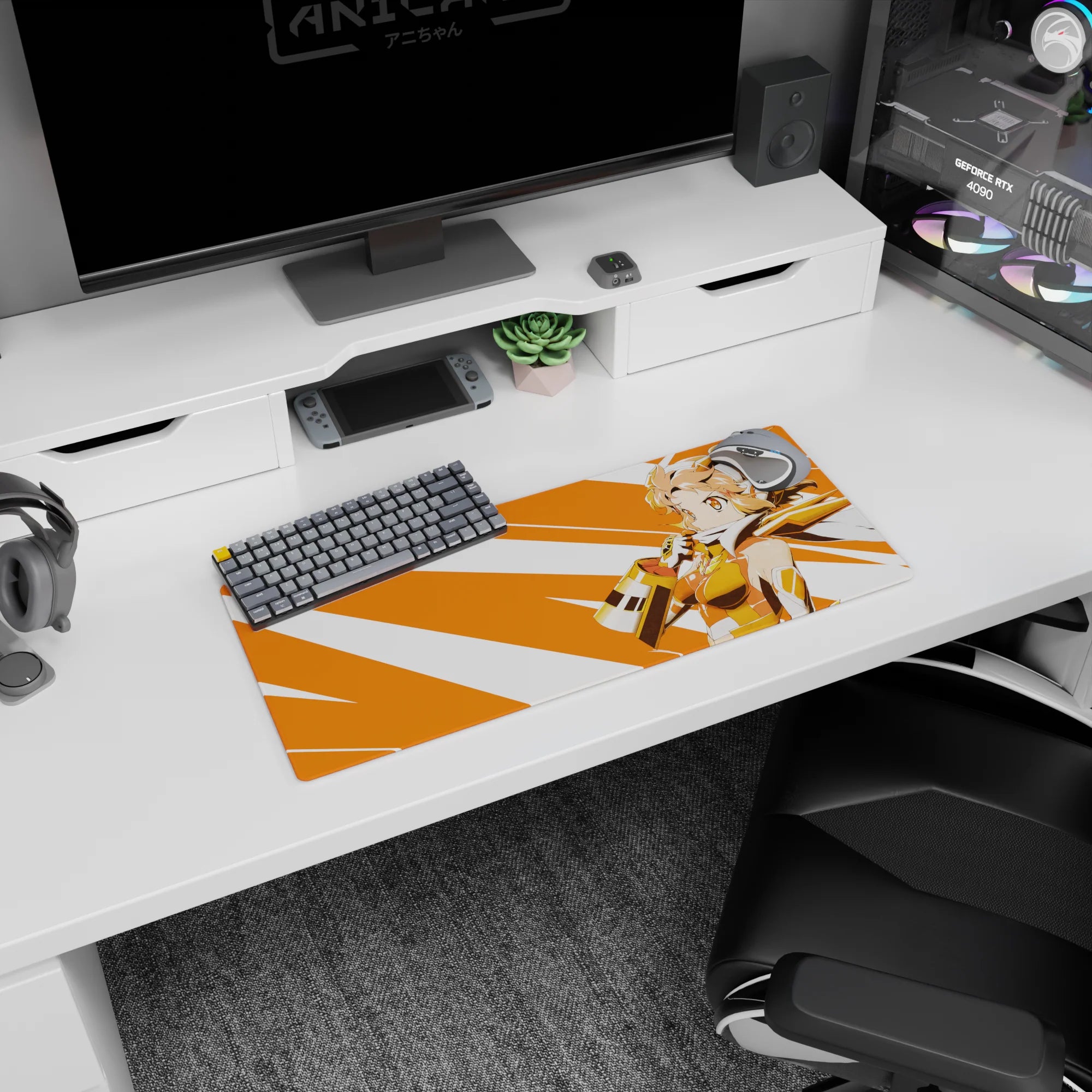 Peach-haired anime heroine in gold-trim armor on an orange burst backdrop mouse pad 28x12 inches.