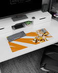 Peach-haired anime heroine in gold-trim armor on an orange burst backdrop mouse pad 28x12 inches.