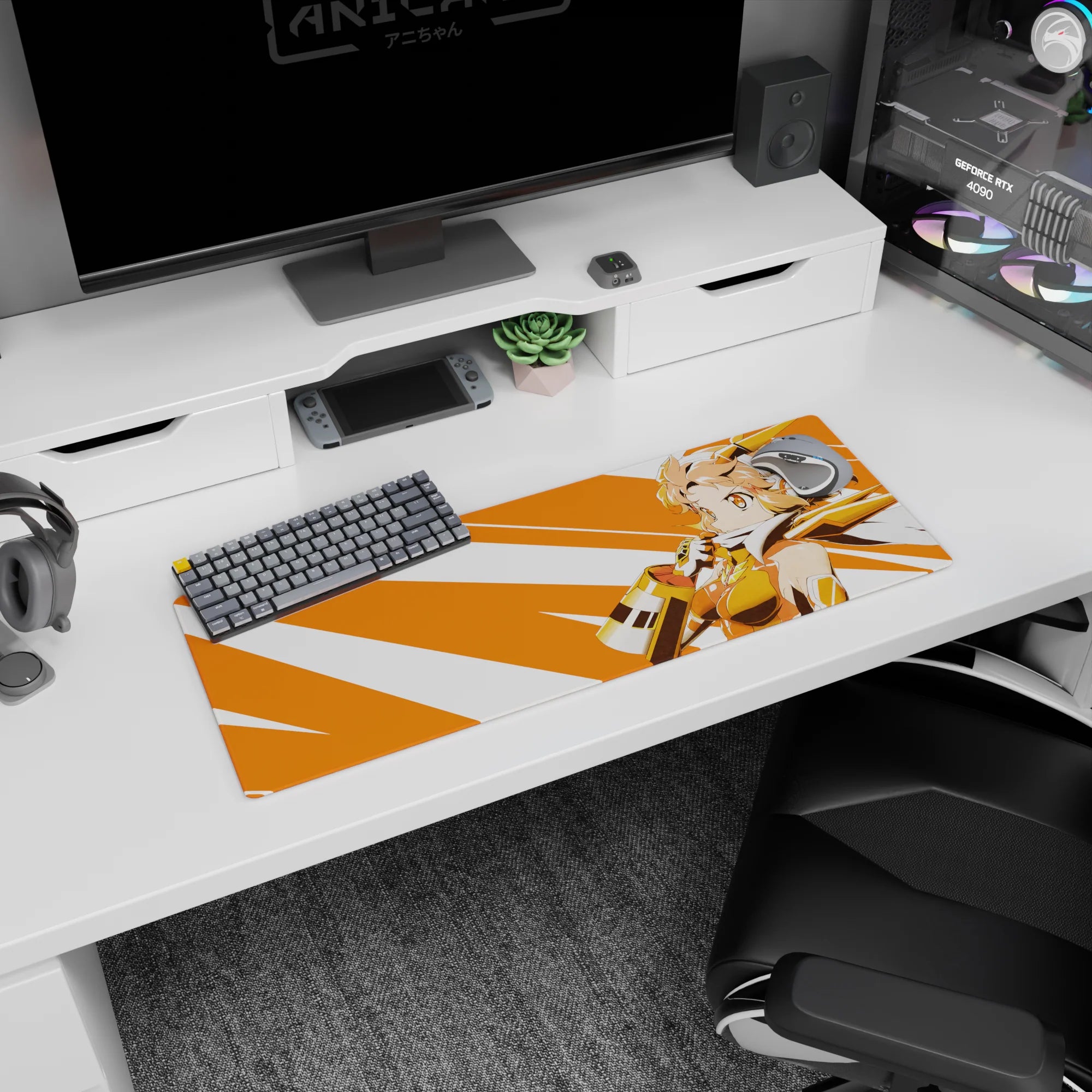 32x12 inches mouse pad featuring a peach-haired anime heroine in gold armor on bold orange stripes.