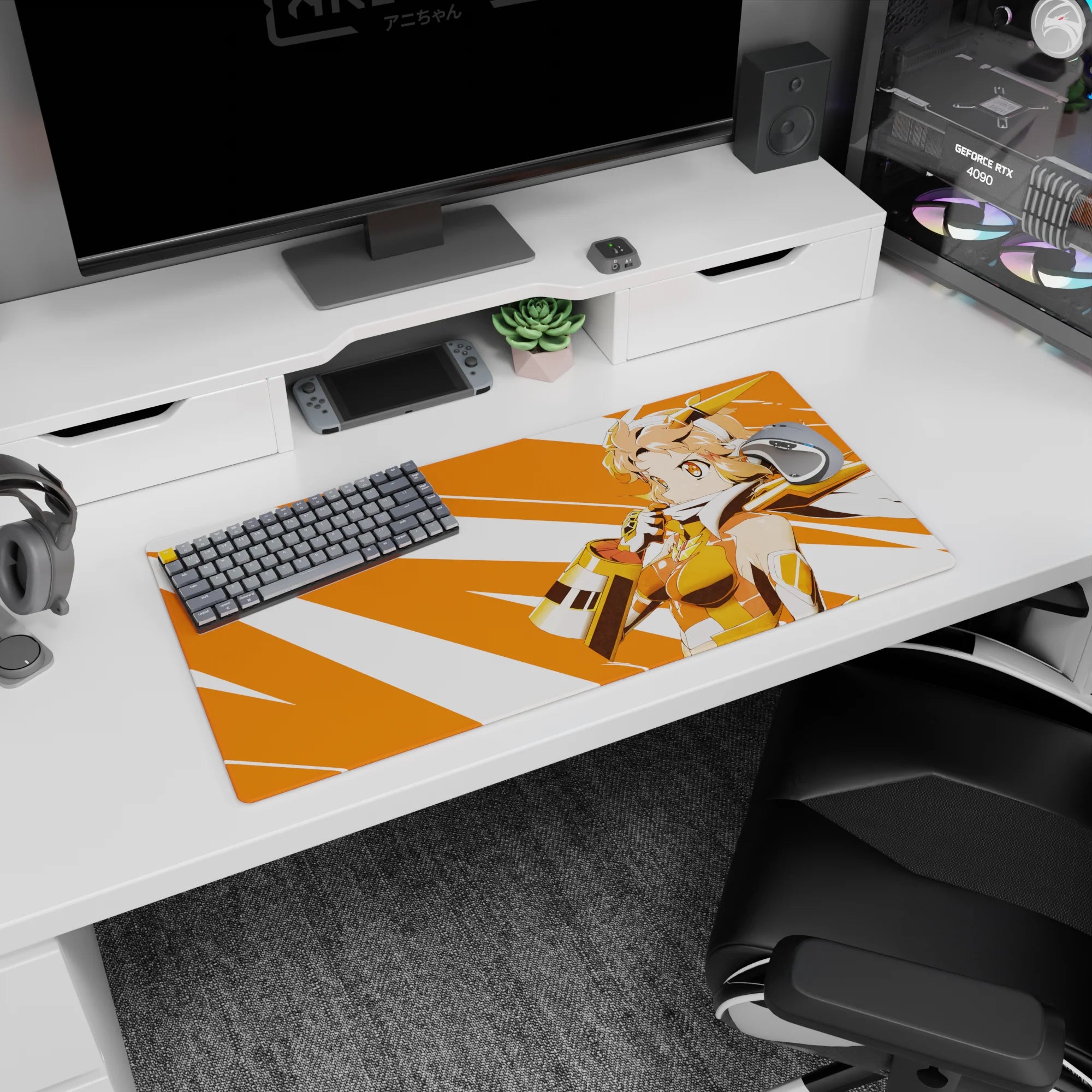 32x16 inches mouse pad showing a peach-haired anime heroine in gold armor before speed-line stripes.