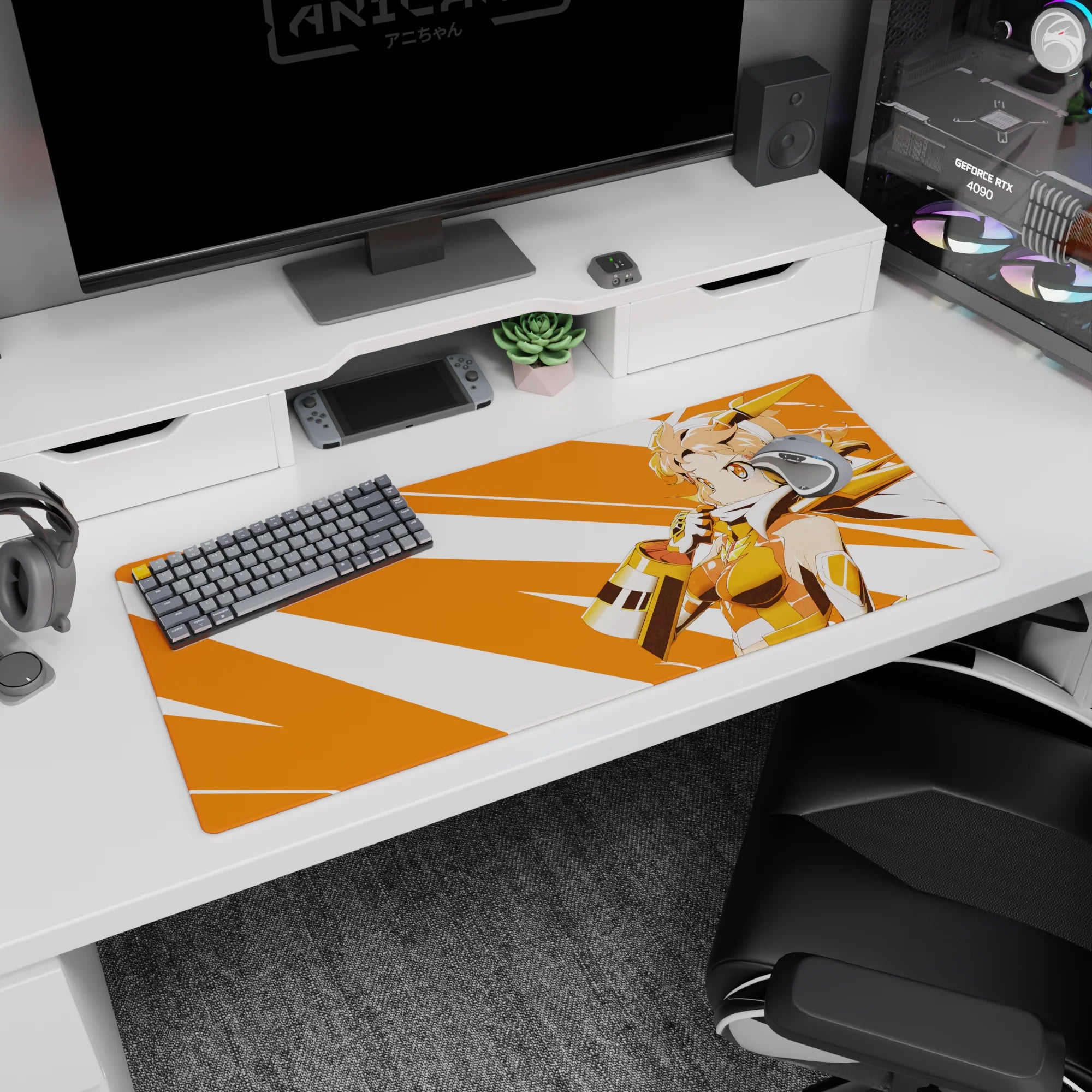 36x16 inches desk pad featuring a cheerful anime heroine in gold-accent armor against bold orange stripes.
