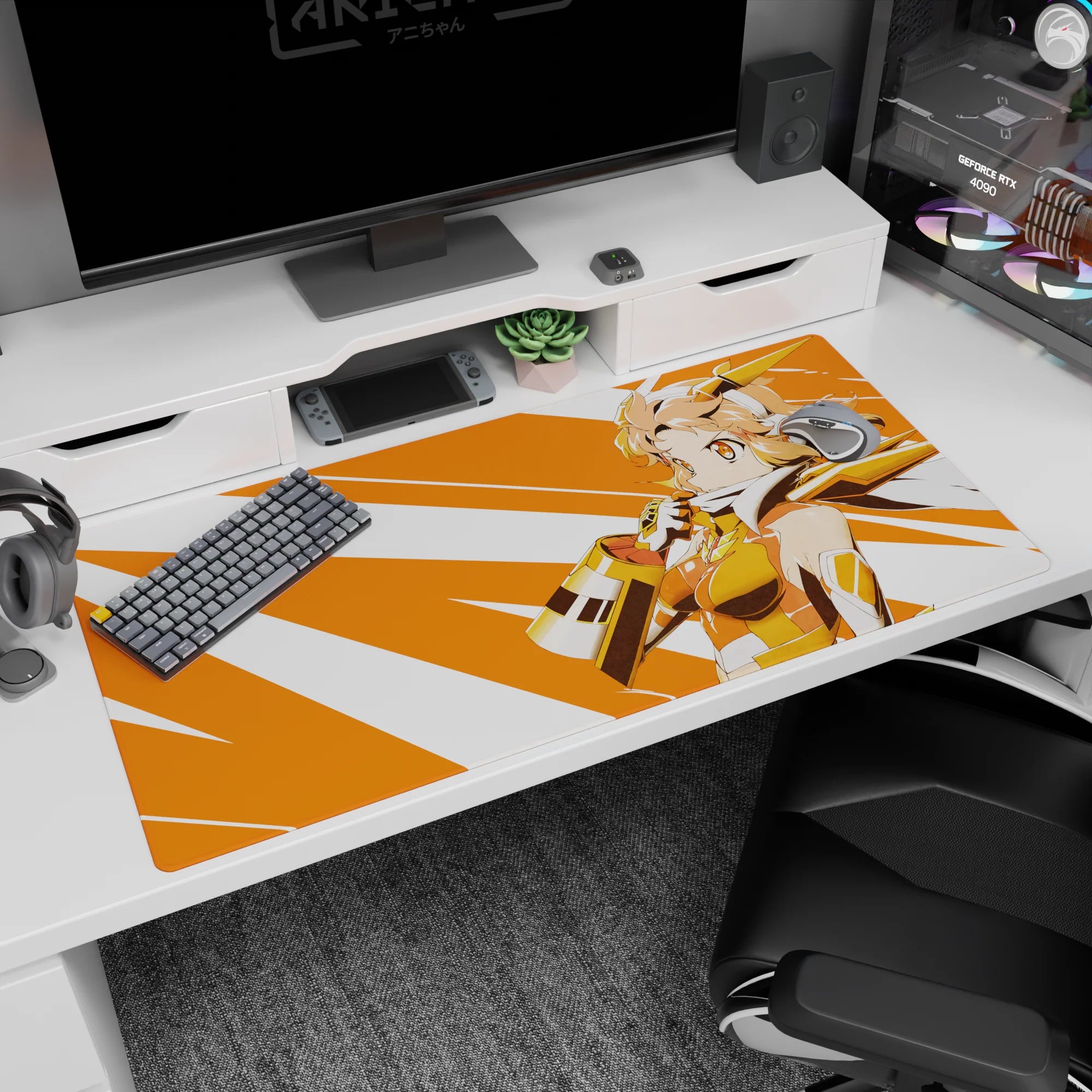 Peach-haired anime heroine on a 40x20 inches desk pad, posed over bold orange stripe burst.
