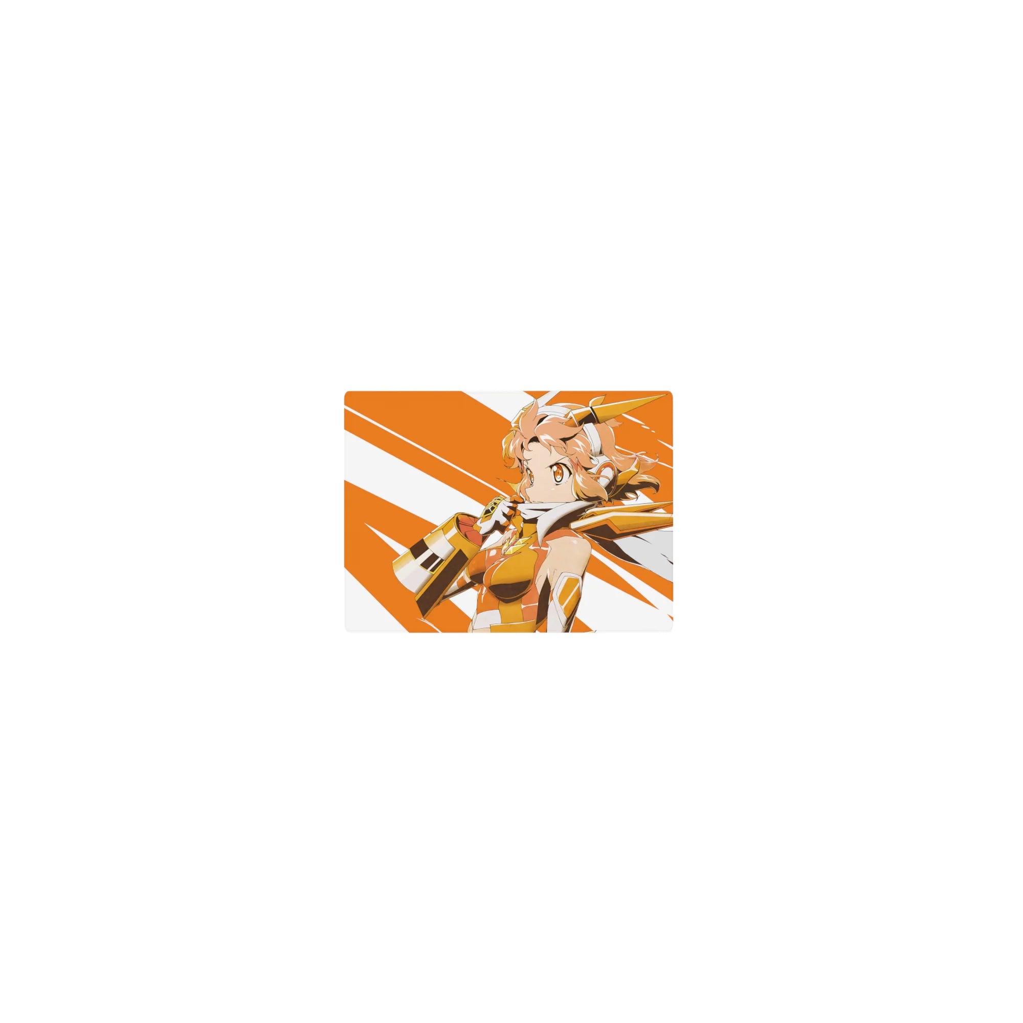 Classic anime girl mouse pad 14x10 inches with orange burst stripes, gold armor accents, and peach hair.