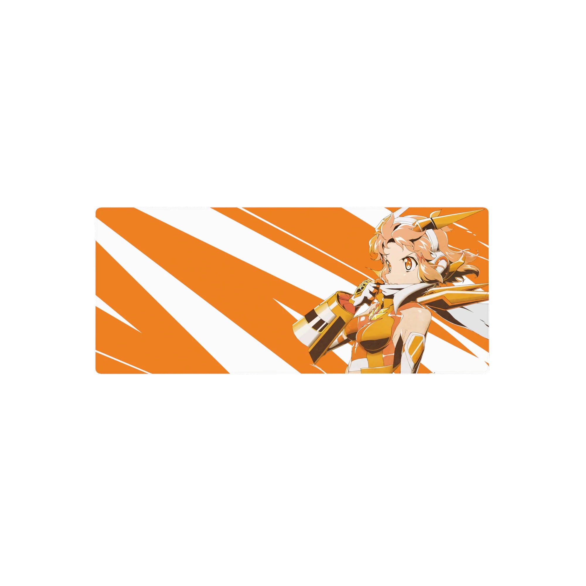Anime girl mouse pad 28x12 inches with bold orange-and-white burst stripes and gold armor accents.