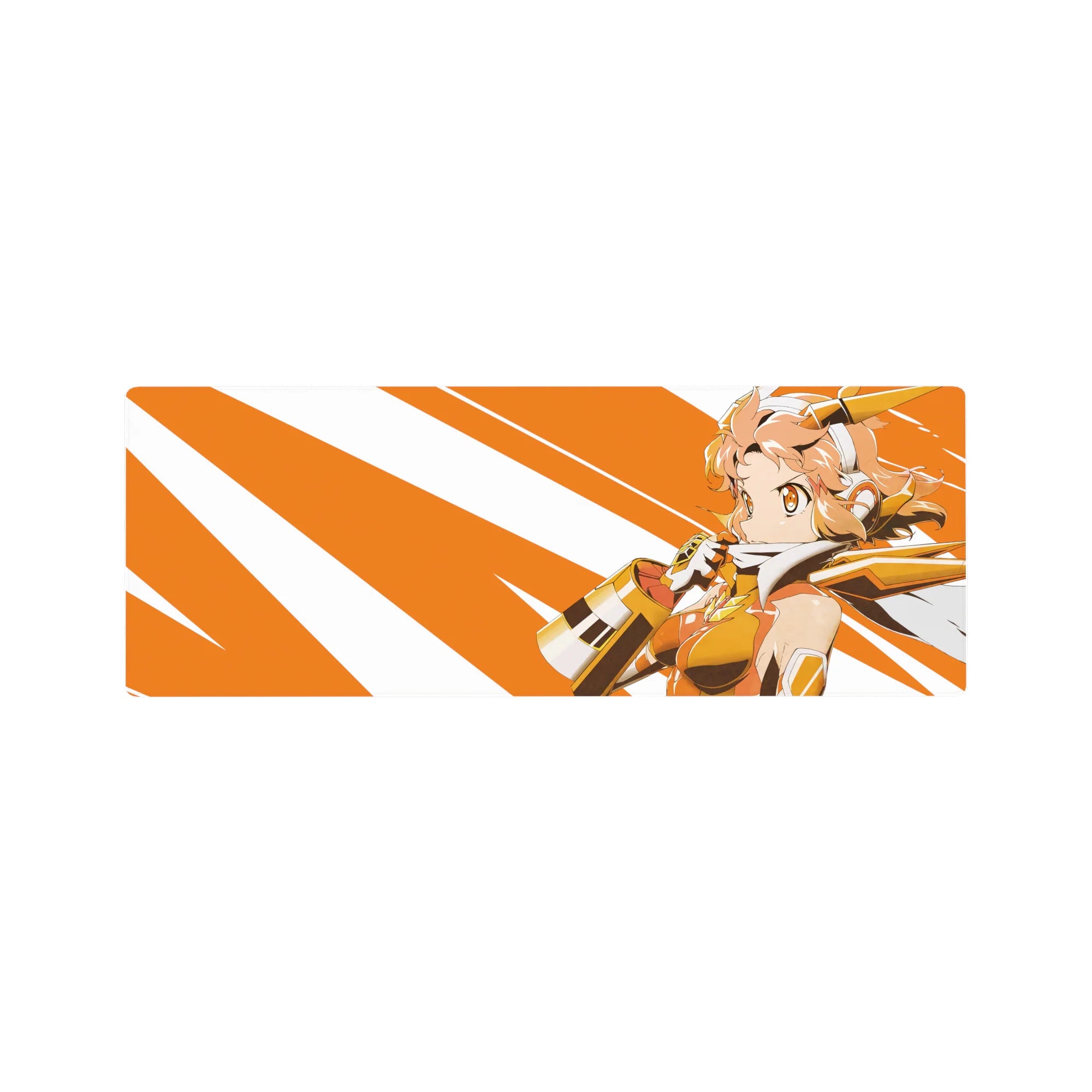 32x12 inches anime girl mouse pad with orange-and-white burst stripes and gold armor accents.