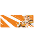 32x12 inches anime girl mouse pad with orange-and-white burst stripes and gold armor accents.