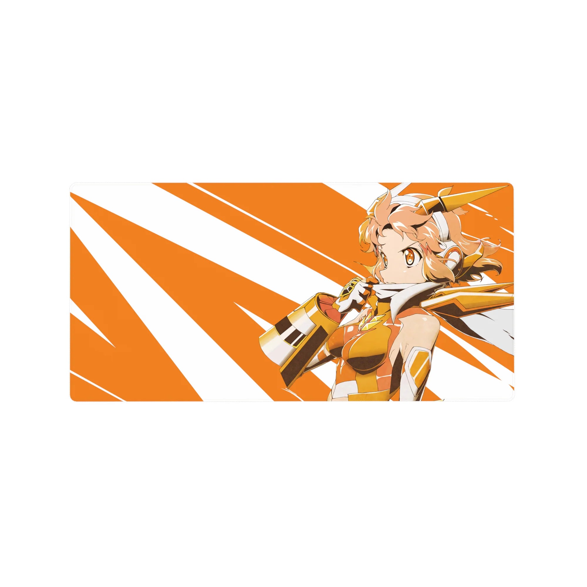 32x16 inches anime girl mouse pad with orange-and-white burst stripes and gold armor accents.