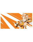 32x16 inches anime girl mouse pad with orange-and-white burst stripes and gold armor accents.