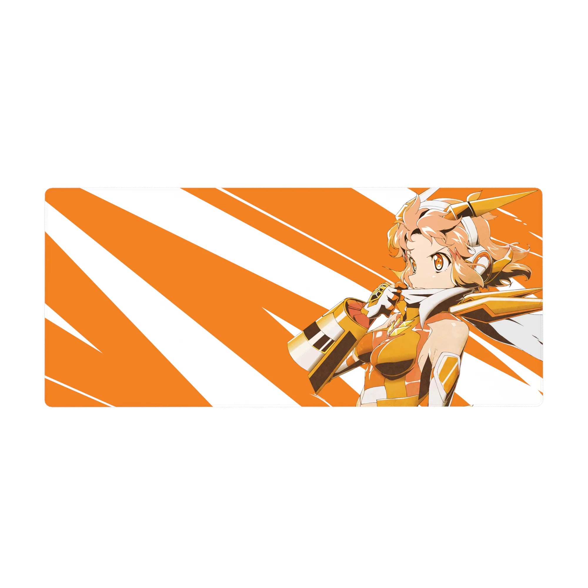 36x16 inches anime girl desk pad with orange-white burst stripes, gold armor accents, and peach hair.