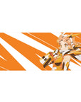 36x16 inches anime girl desk pad with orange-white burst stripes, gold armor accents, and peach hair.