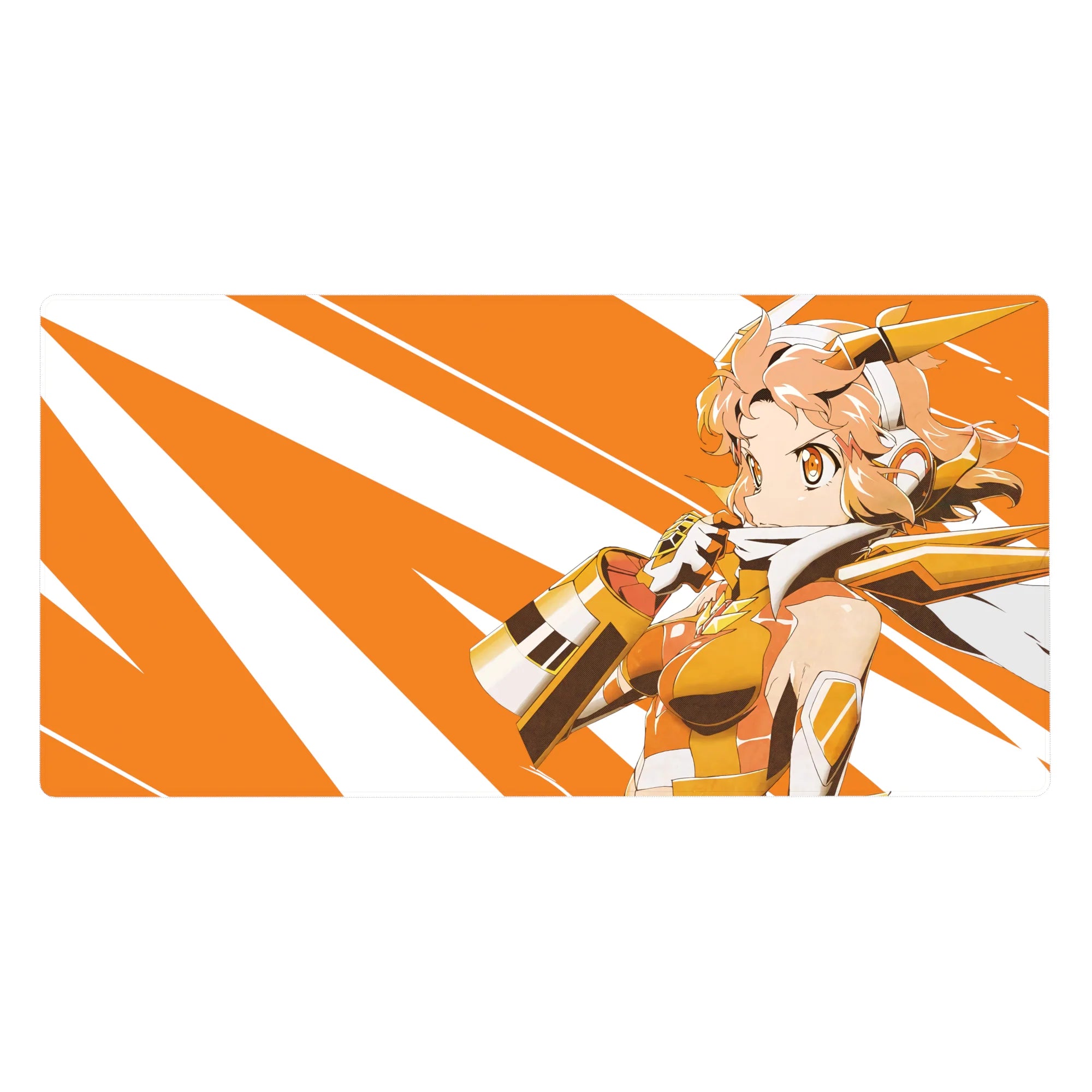 Anime girl desk pad 40x20 inches with orange-white burst stripes and gold armor accents.