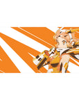 Anime girl desk pad 40x20 inches with orange-white burst stripes and gold armor accents.