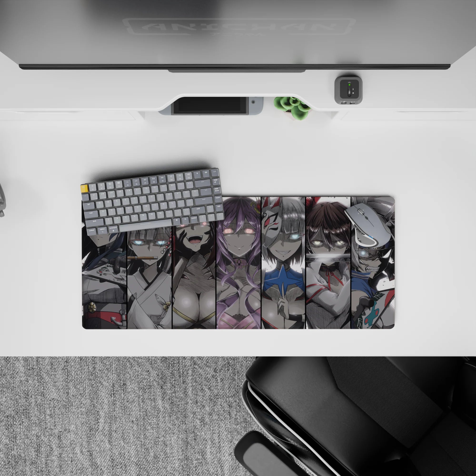 28x12 inches anime girl mouse pad in moody grayscale with icy blue, blush pink, and violet accents.