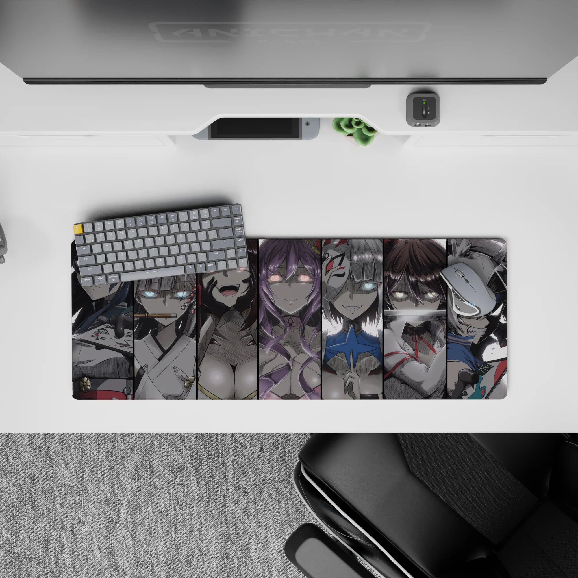 32x12 inches dark grayscale anime mouse pad with moody vibe, icy blue highlights, blush pink, violet hair.