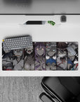 32x12 inches dark grayscale anime mouse pad with moody vibe, icy blue highlights, blush pink, violet hair.
