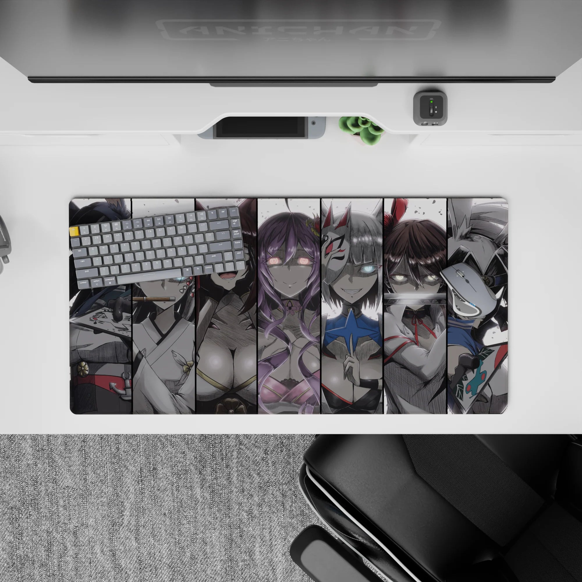32x16 inches anime girl mouse pad in moody grayscale with icy blue, blush pink, and violet accents.