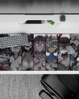 36x16 inches grayscale anime desk pad with moody vibe, icy blue accents, blush pink pops, violet hair.
