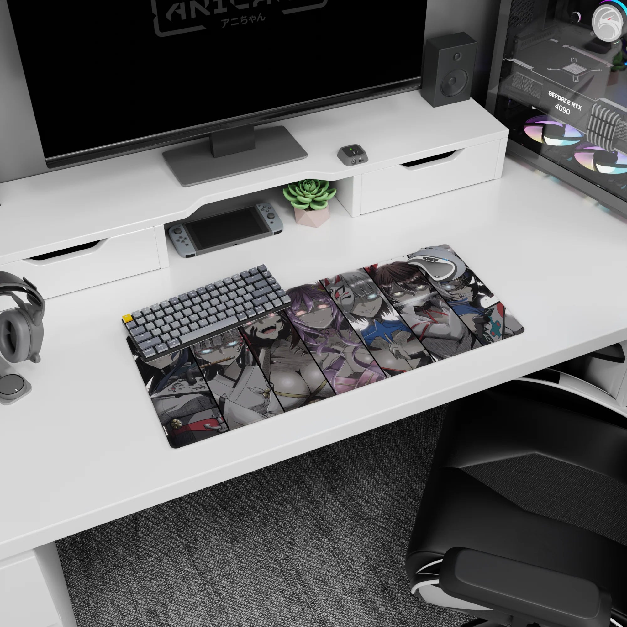 28x12 inches anime girl mouse pad showing a masked girl with glowing eyes across sliced comic panels.