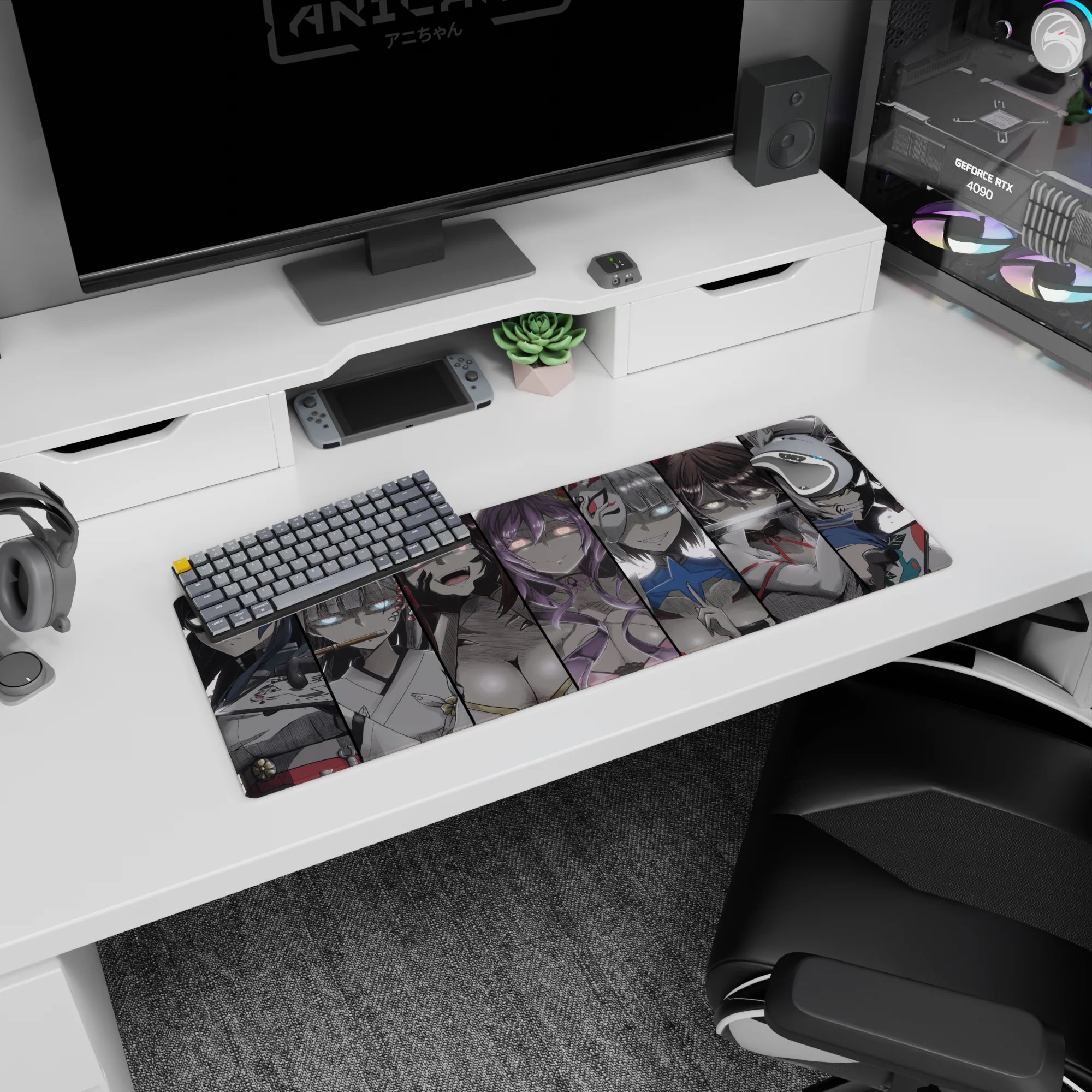 32x12 inches anime desk mouse pad showing masked girls with neon eyes, sharp linework, late-night manga scene.