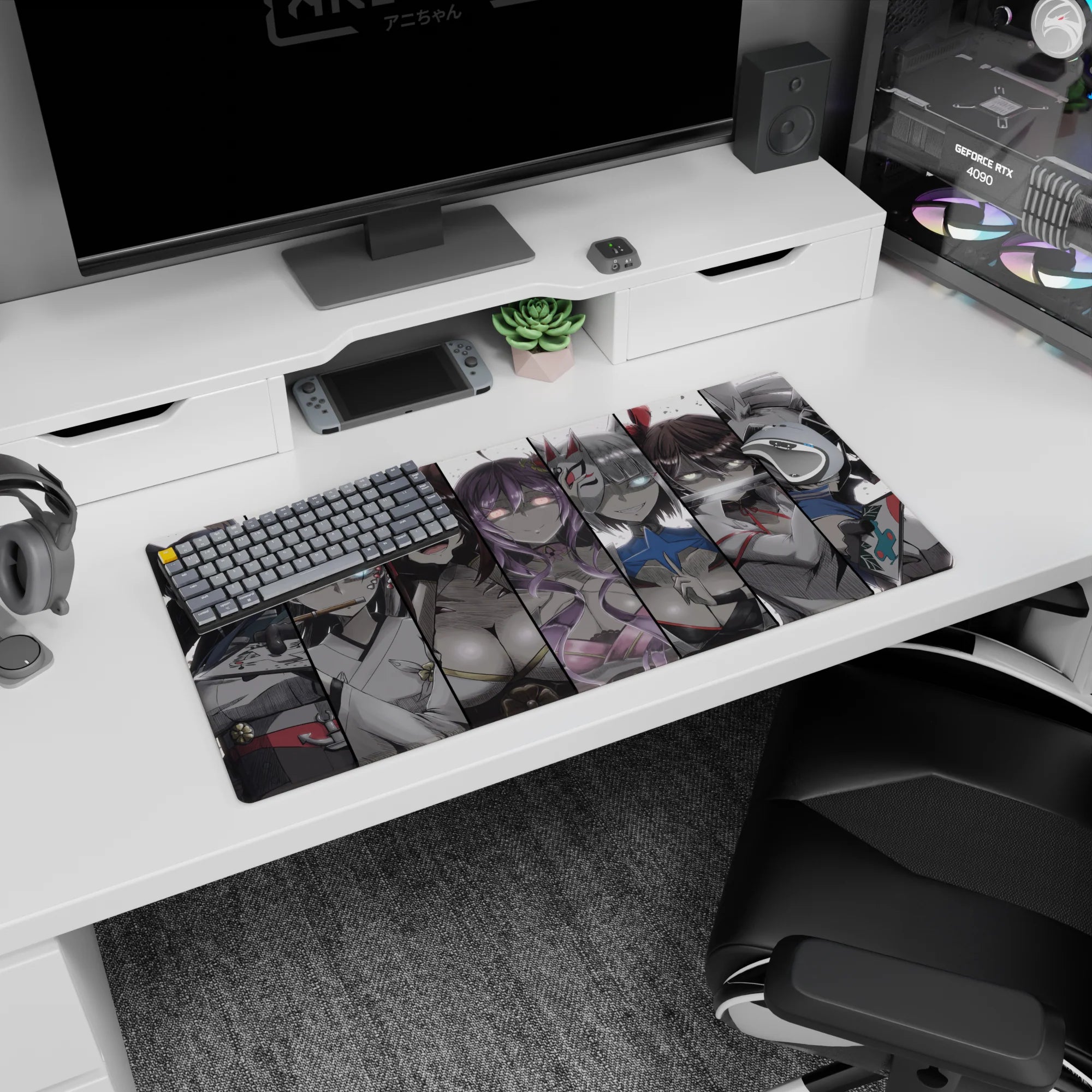 32x16 inches anime girl mouse pad showing stacked masked girls with neon eyes in a manga-style grid.