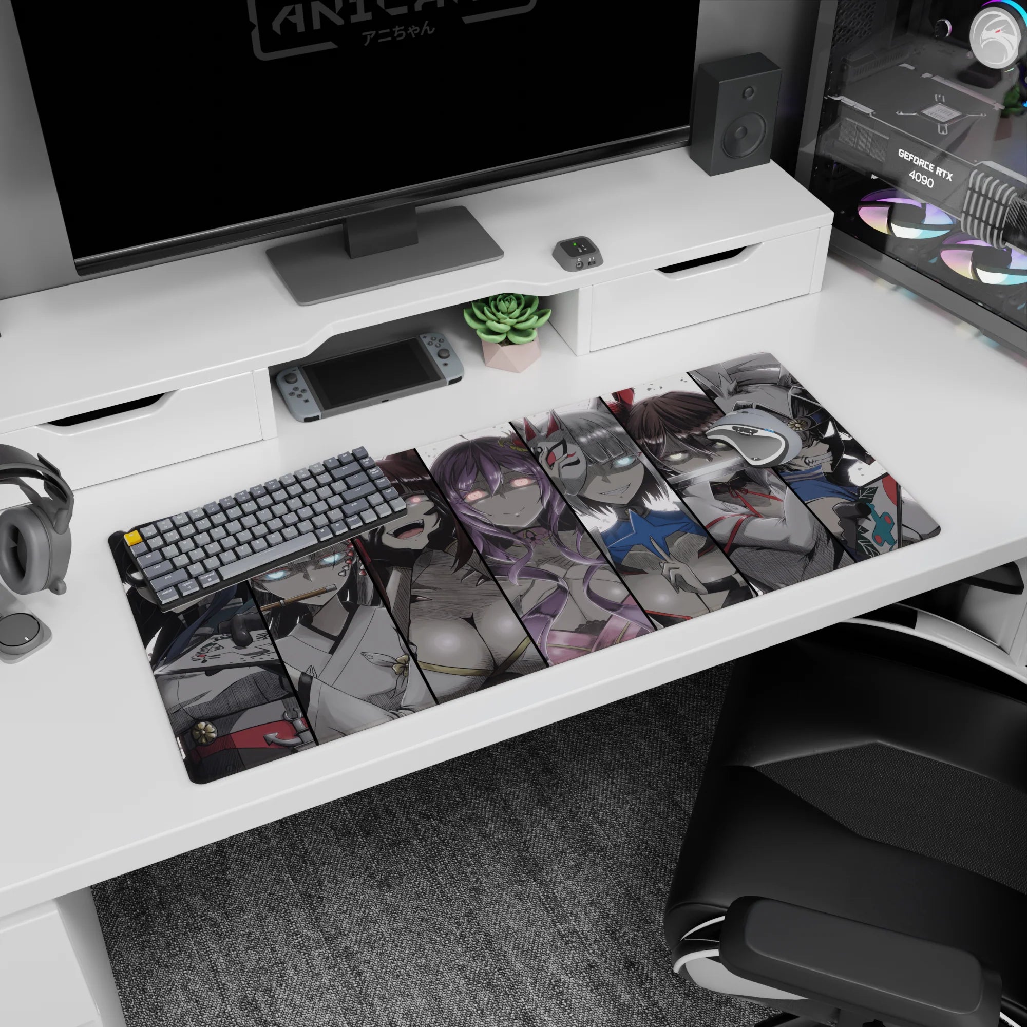36x16 inches anime desk pad showing masked girls with piercing glowing eyes across sliced manga panels.