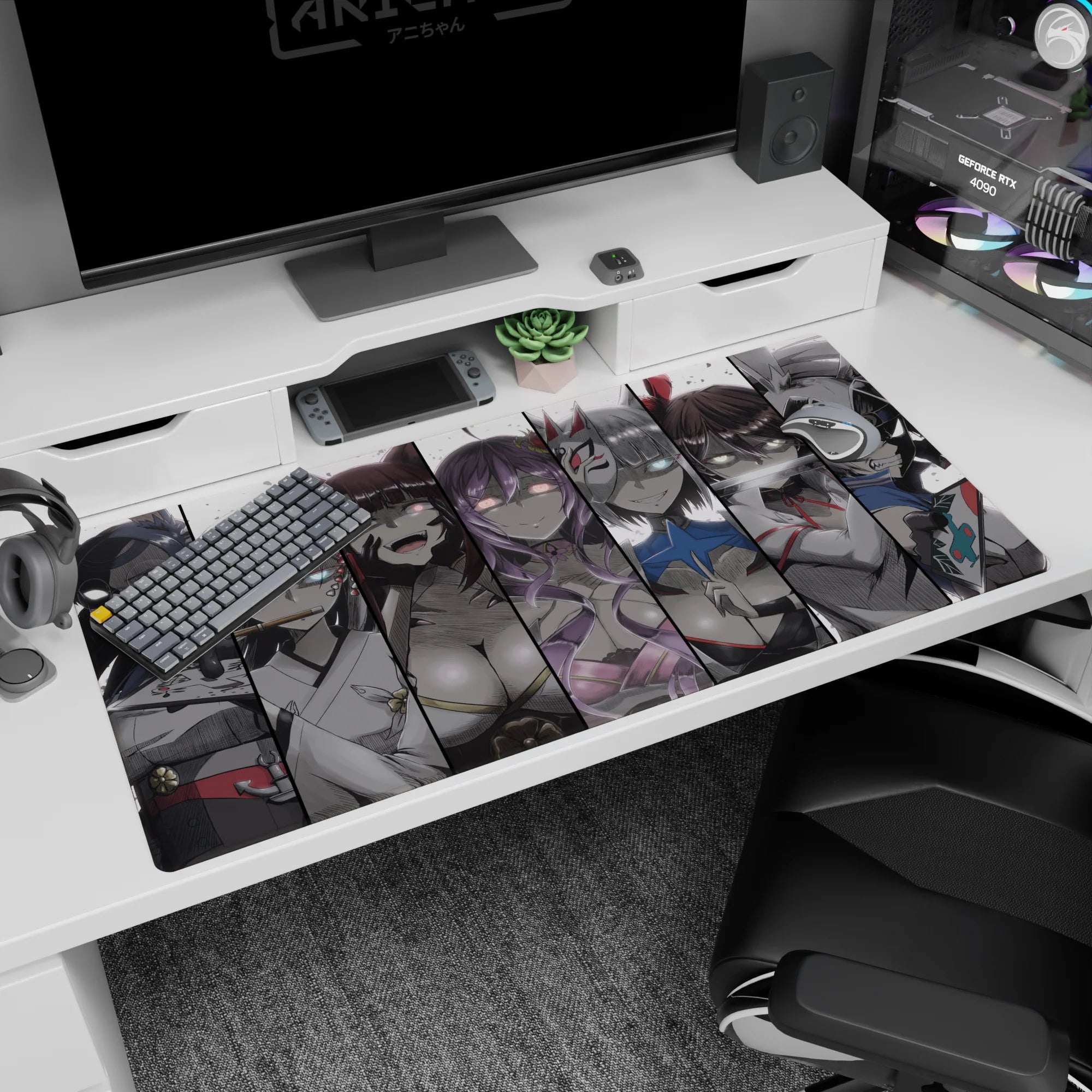 Anime girl desk pad 40x20 inches showing a masked girl with glowing eyes and violet hair in panels.