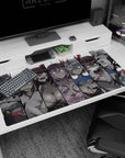 Anime girl desk pad 40x20 inches showing a masked girl with glowing eyes and violet hair in panels.
