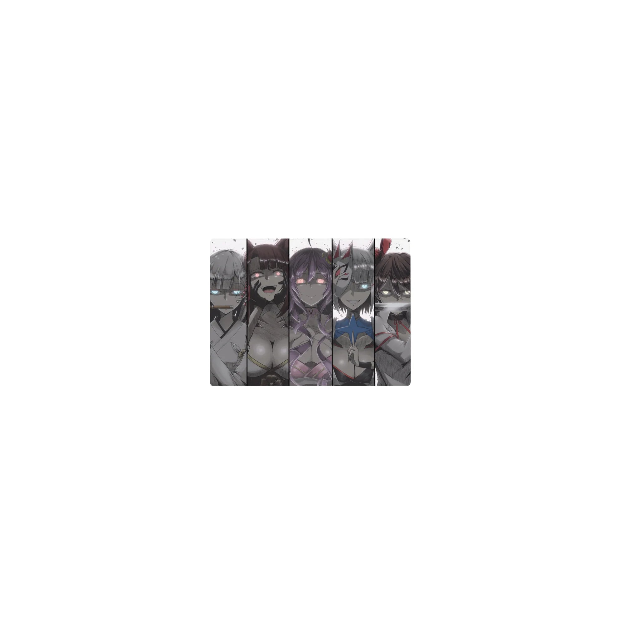 14x10 inches classic anime girl mouse pad with masked beauties, comic-panel layout, and glowing eyes.