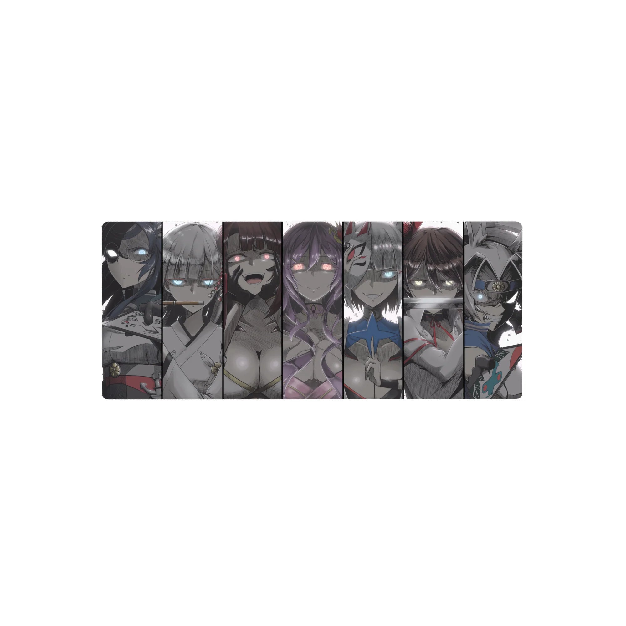 28x12 inches anime girl mouse pad with masked beauties, glowing eyes, and bold manga comic panels.