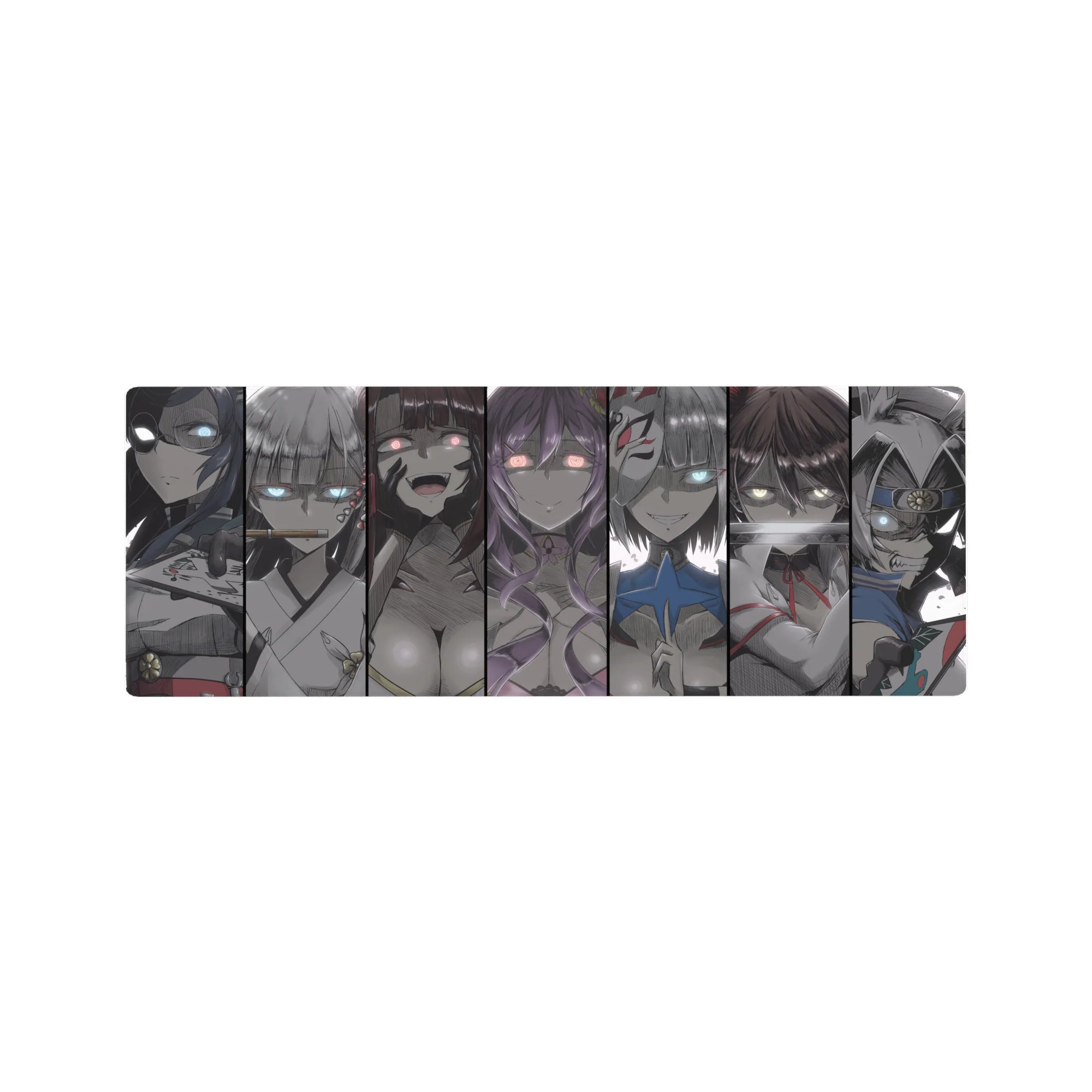 32x12 inches anime girl mouse pad with masked beauties and glowing eyes in bold manga comic panels.