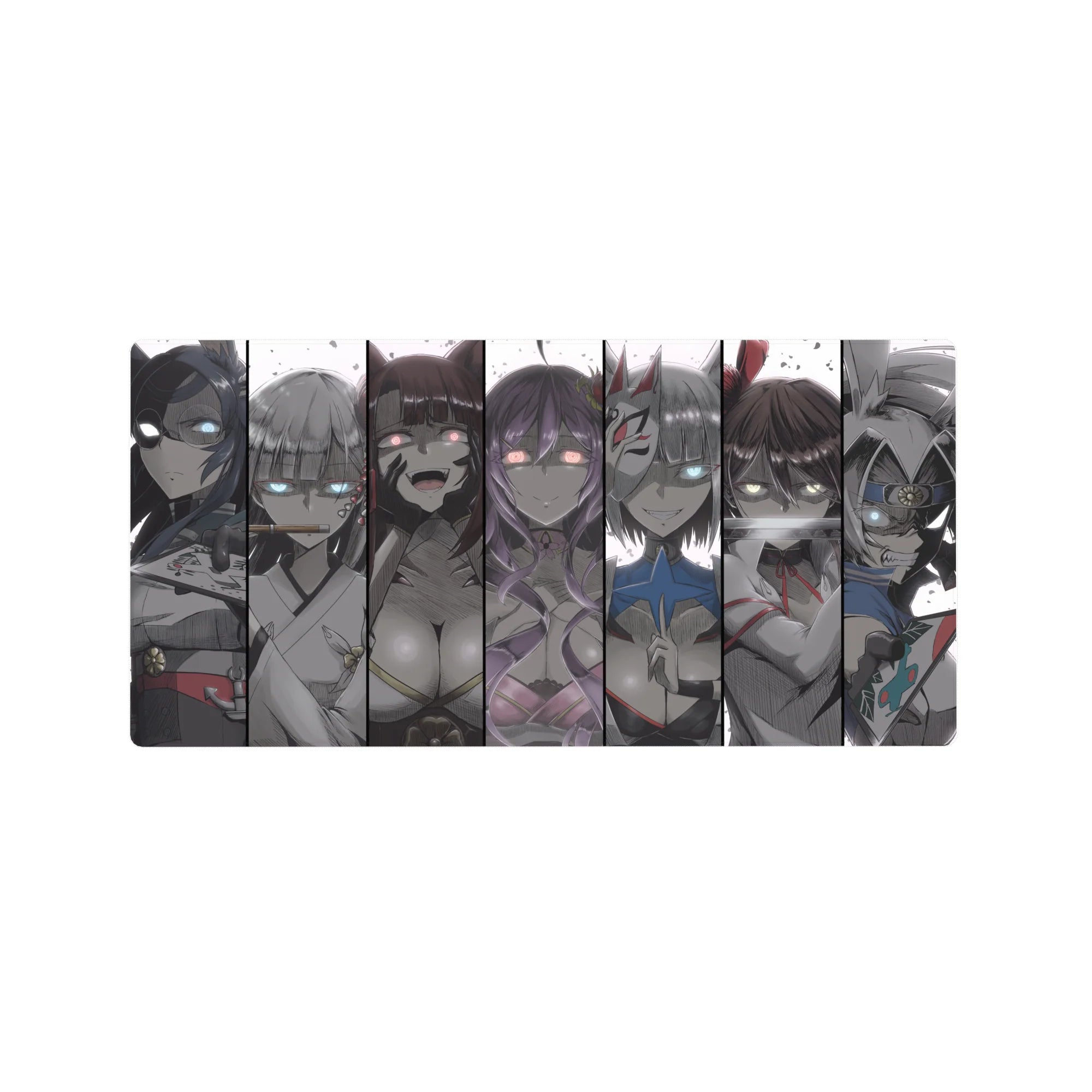 32x16 inches anime girl mouse pad with masked beauties in grayscale comic panels and glowing eyes.