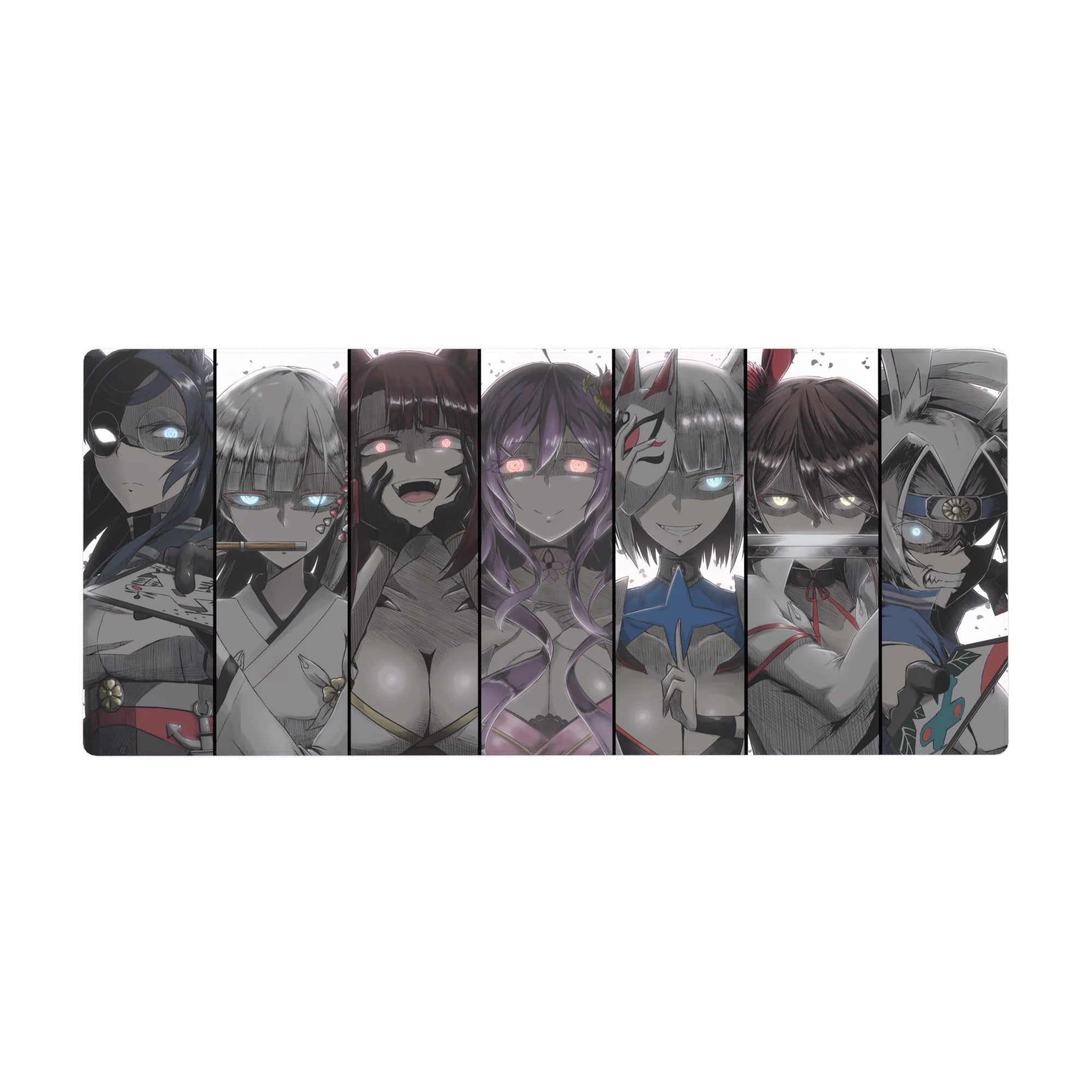 36x16 inches anime girl desk pad with masked beauties, glowing eyes, and bold manga comic panels.