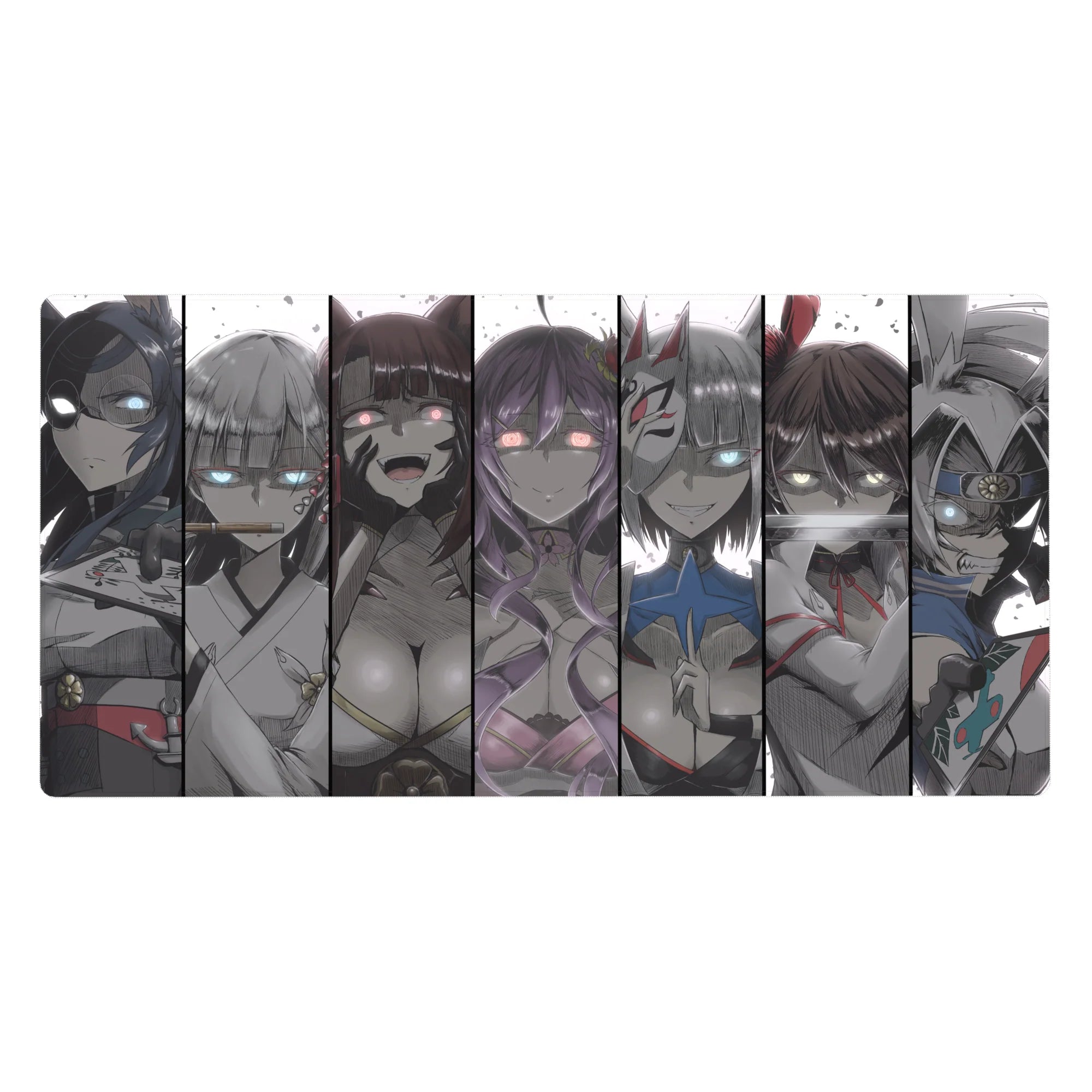 Anime girl desk pad 40x20 inches with masked beauties in bold manga-style comic panels.