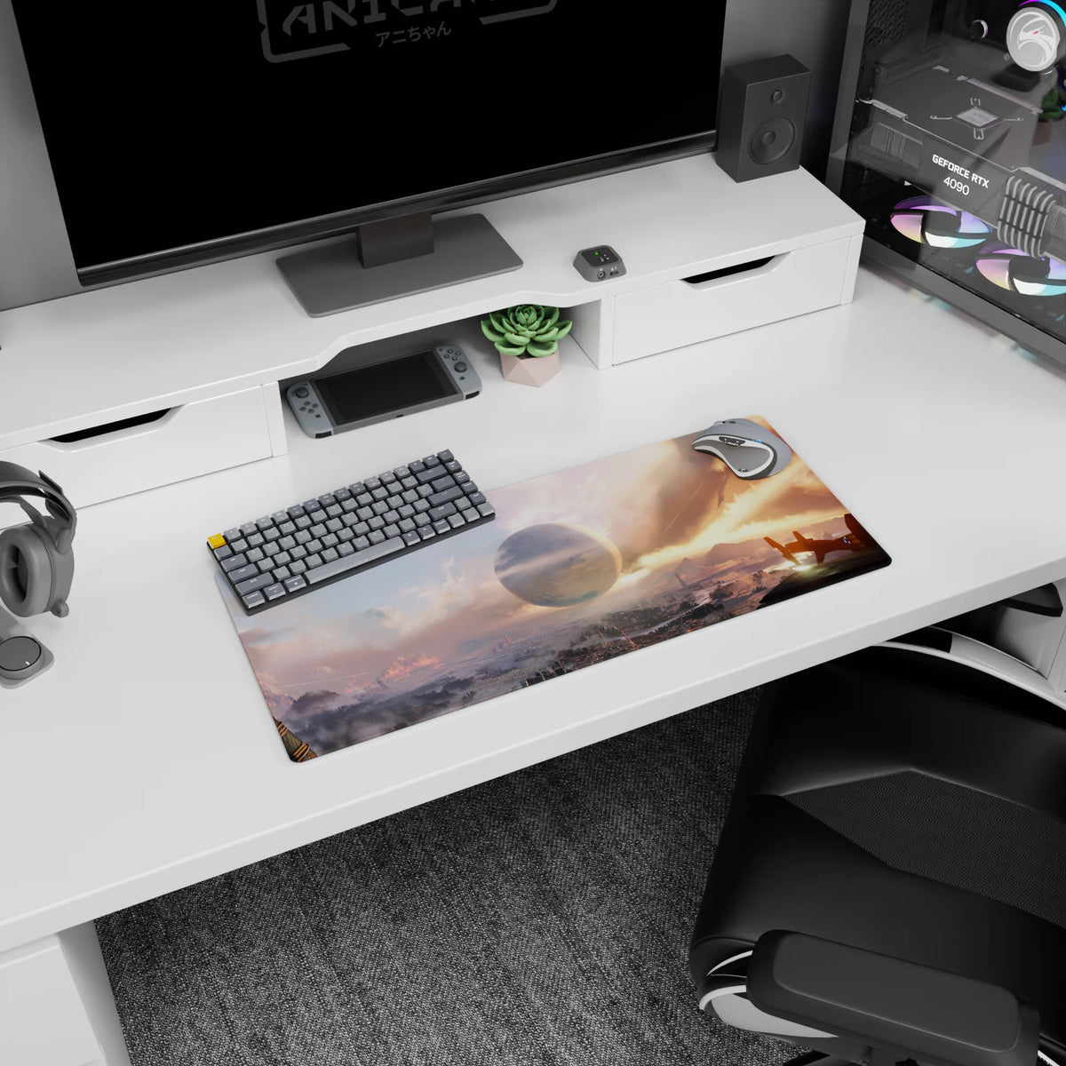 Giant moon over a hazy sci-fi city skyline, 28x12 inches extended mouse pad for gaming and work.