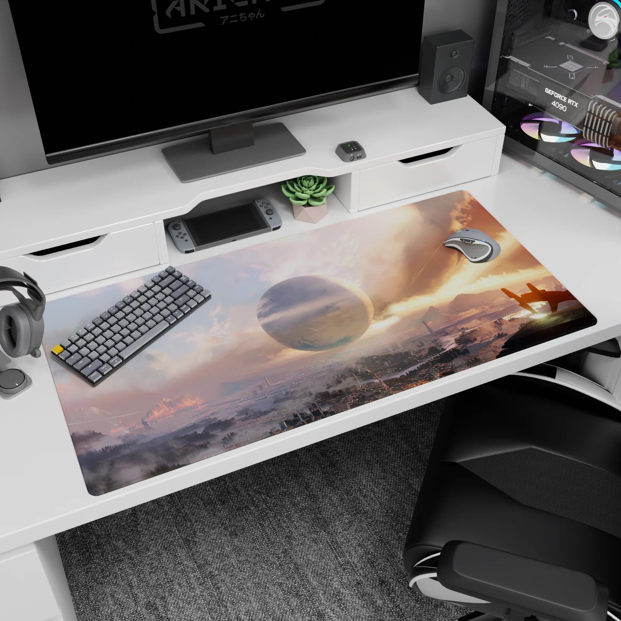 Giant moon over a hazy city desk pad 40x20 inches with soft clouds and a tranquil futuristic scene.