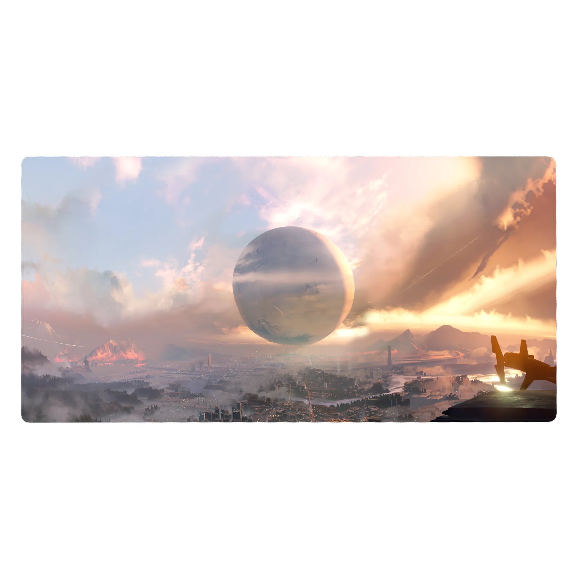 Dreamy sci-fi skyline desk pad 40x20 inches with dawn clouds, soft gradients, and misty silhouettes.