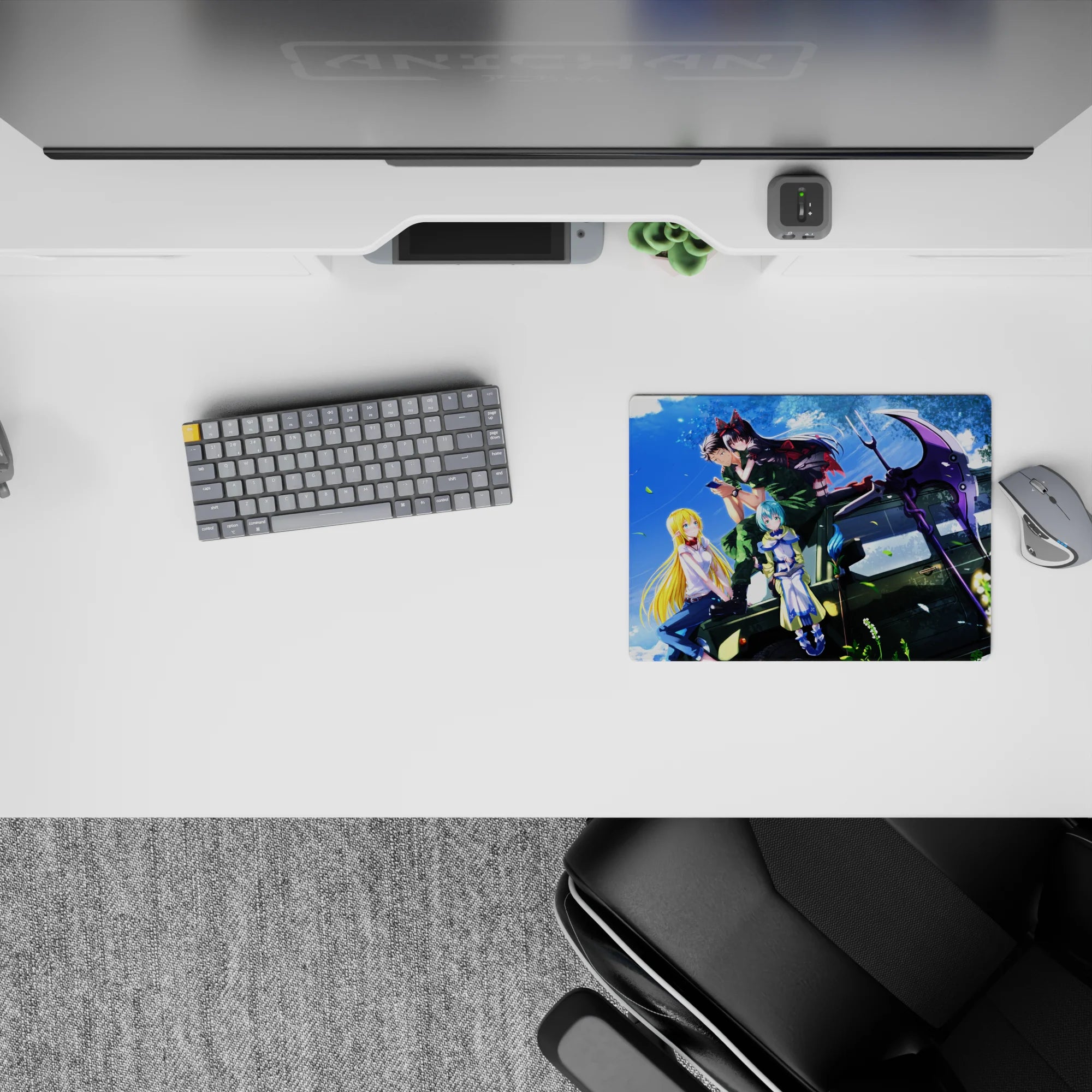 Sky-blue, autumn-leaf anime girl mouse pad 14x10 inches with crisp color and cozy adventure vibe.